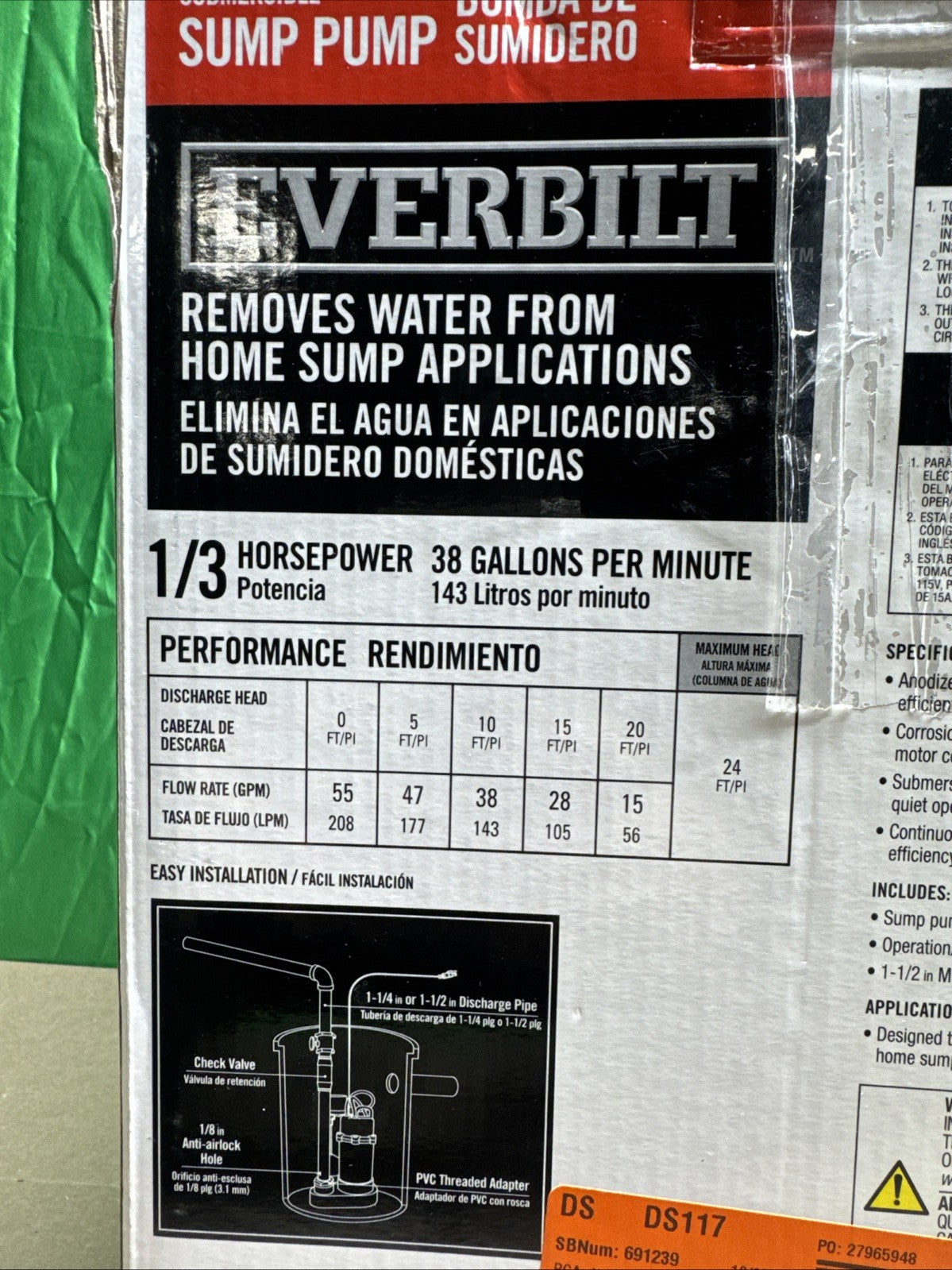 Everbilt 1/3 HP Aluminum Sump Pump Submersible  Vertical Switch- HDSP33V, NEW