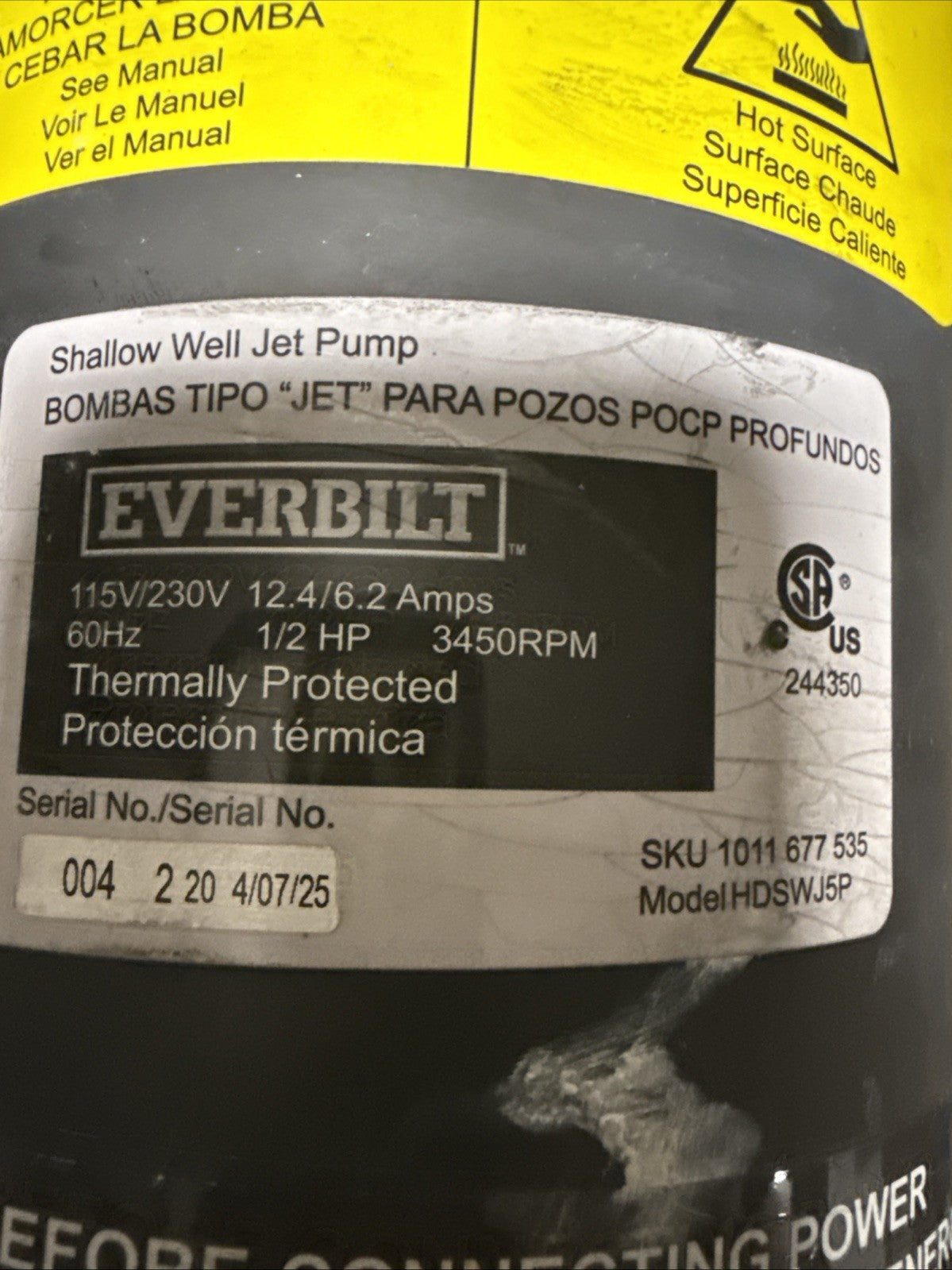 Everbilt Shallow Well Jet Pump Plastic 3/4HP HDSWJ7P For Parts