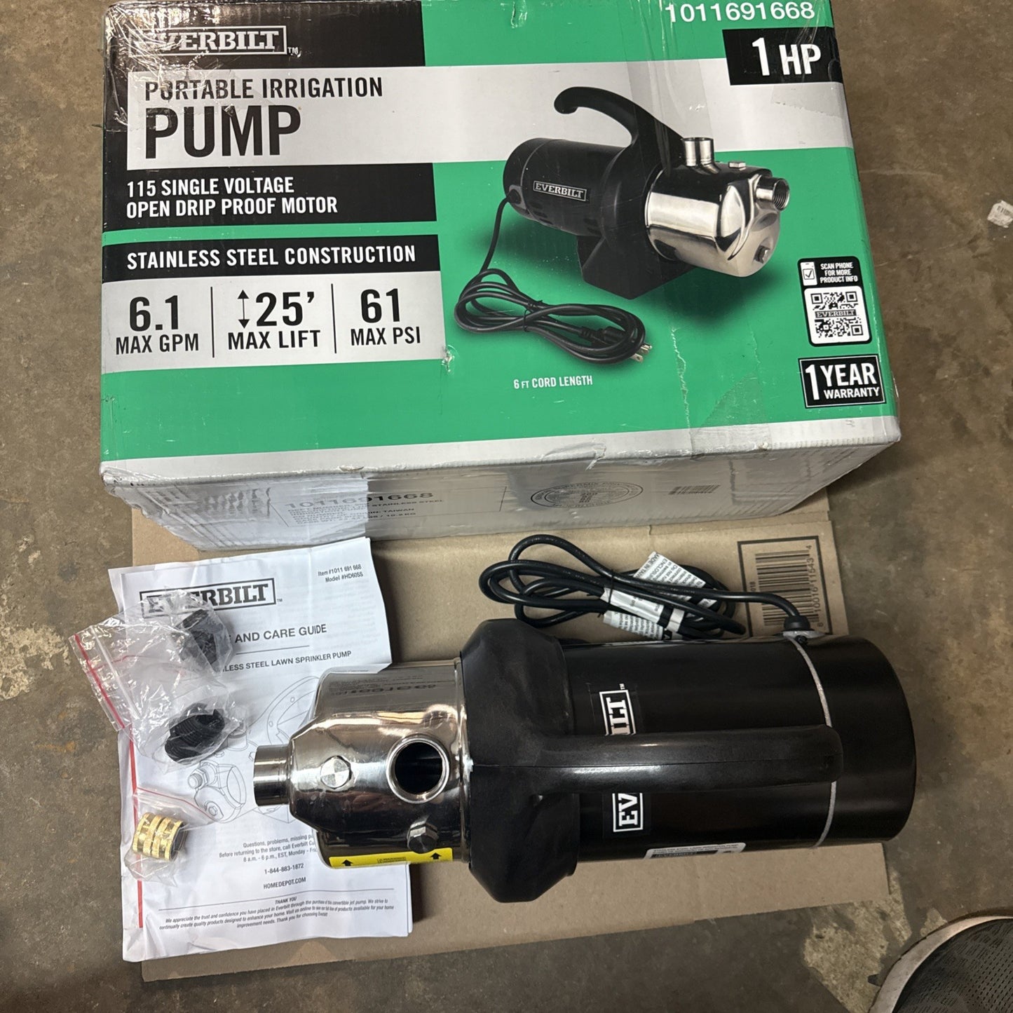 EVERBILT HD60SS 1 HP Stainless Steel Lawn Irrigation Pump NEW OPEN BOX
