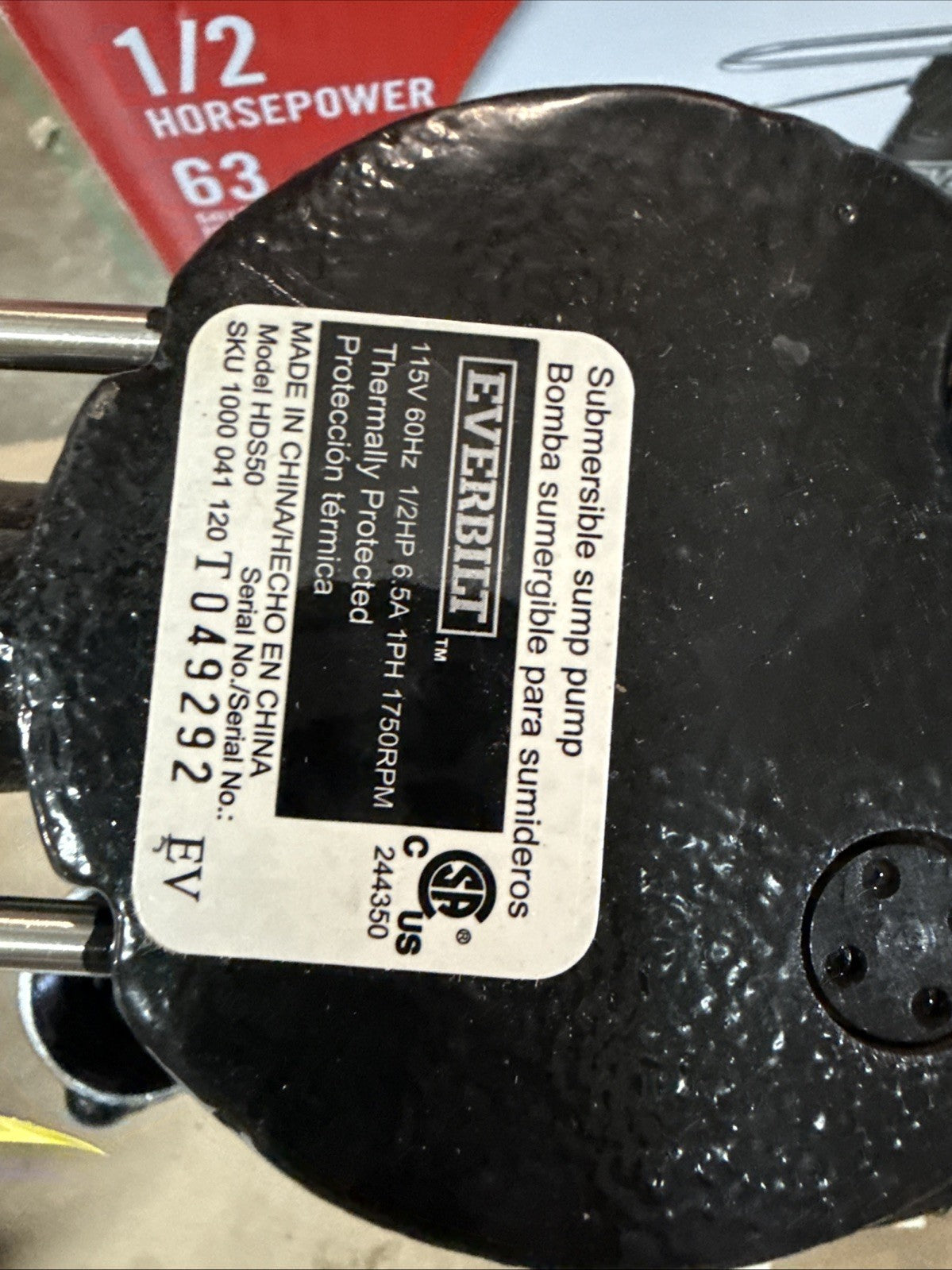 Everbilt 1/2 HP Cast Iron Sump Pump Model # HDS50 OPEN BOX