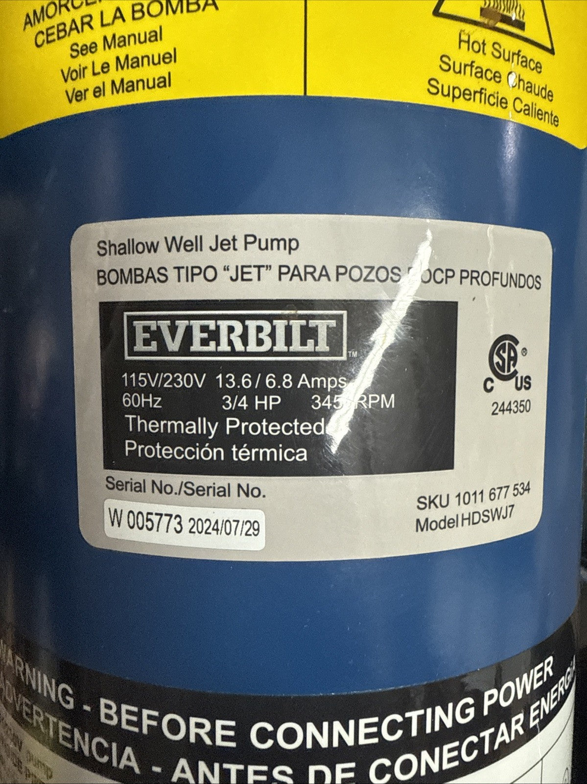 Everbilt 3/4 HP Cast Iron Shallow Well Jet Pump HDSWJ7 as is, *Used For Parts*