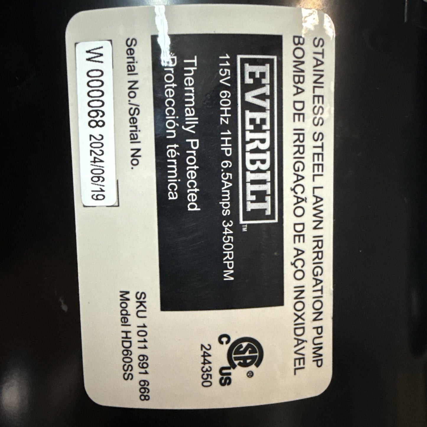 EVERBILT HD60SS 1 HP Stainless Steel Lawn Irrigation Pump NEW OPEN BOX