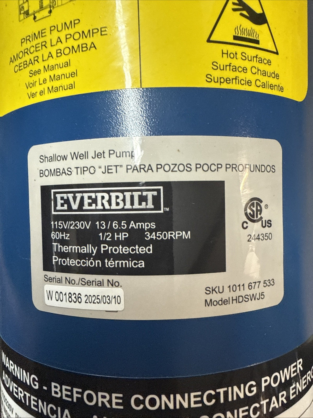 Everbilt Shallow Well Jet Pump Cast Iron 1/2HP HDSWJ5 (Used Read Description)*