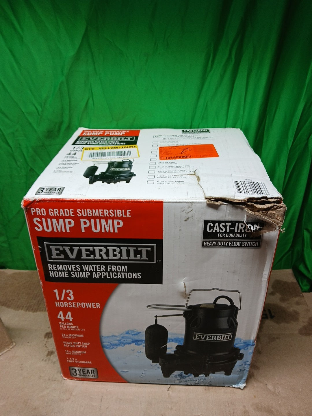 Everbilt 1/3 HP Cast Iron Submersible Sump Pump USED.