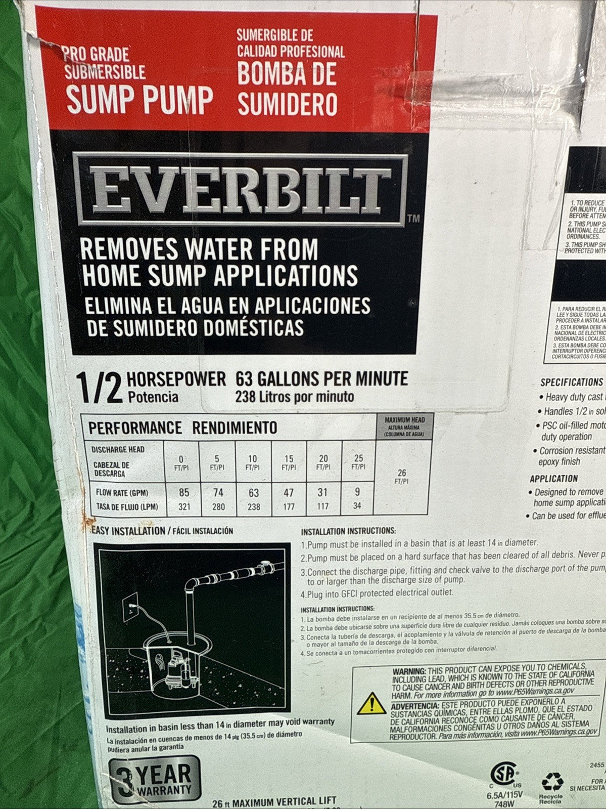 Everbilt 1/2 HP Cast Iron Sump Pump Model # HDS50 OPEN BOX