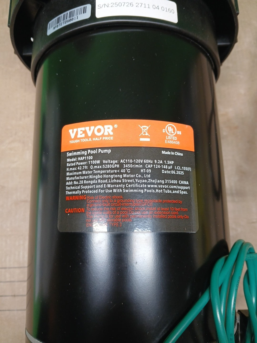 VEVOR Swimming Pool Pump 1.5HP 115V 1100W, Single Speed Pumps for Above Ground,