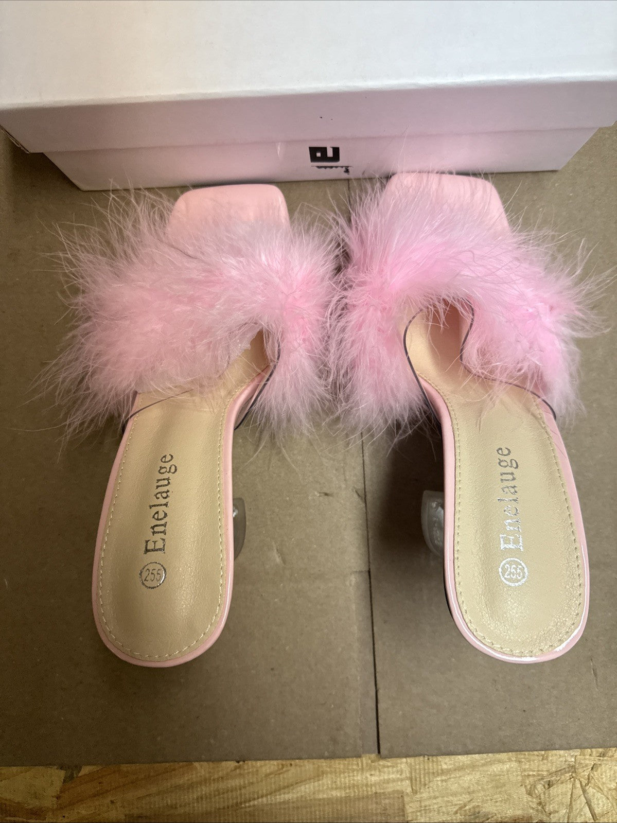 ENELAUGE women’s 8.5 square toe sandal fluffy feather high heels mules slip on