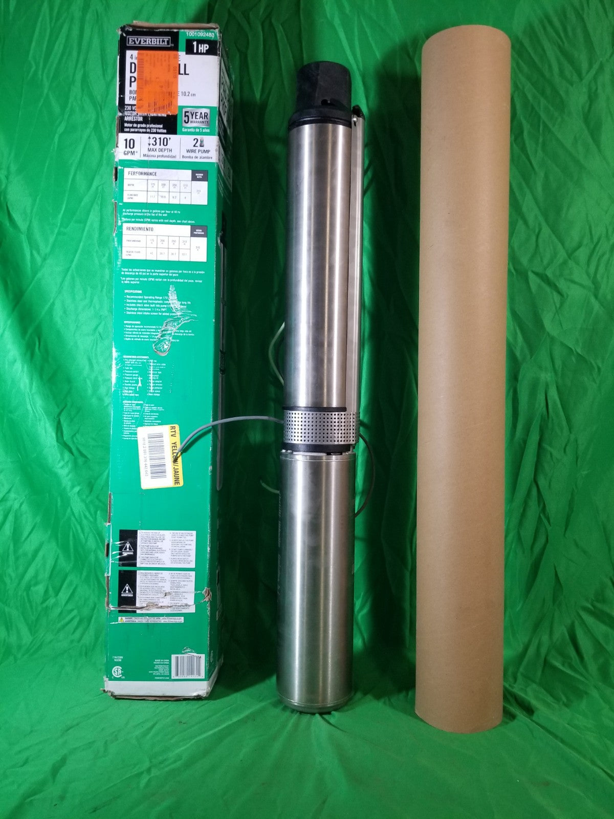 EVERBILT HDSUB10-102 Deep Well Pump 4” Submersible 1 HP 10 GPM 2 Wire 310’