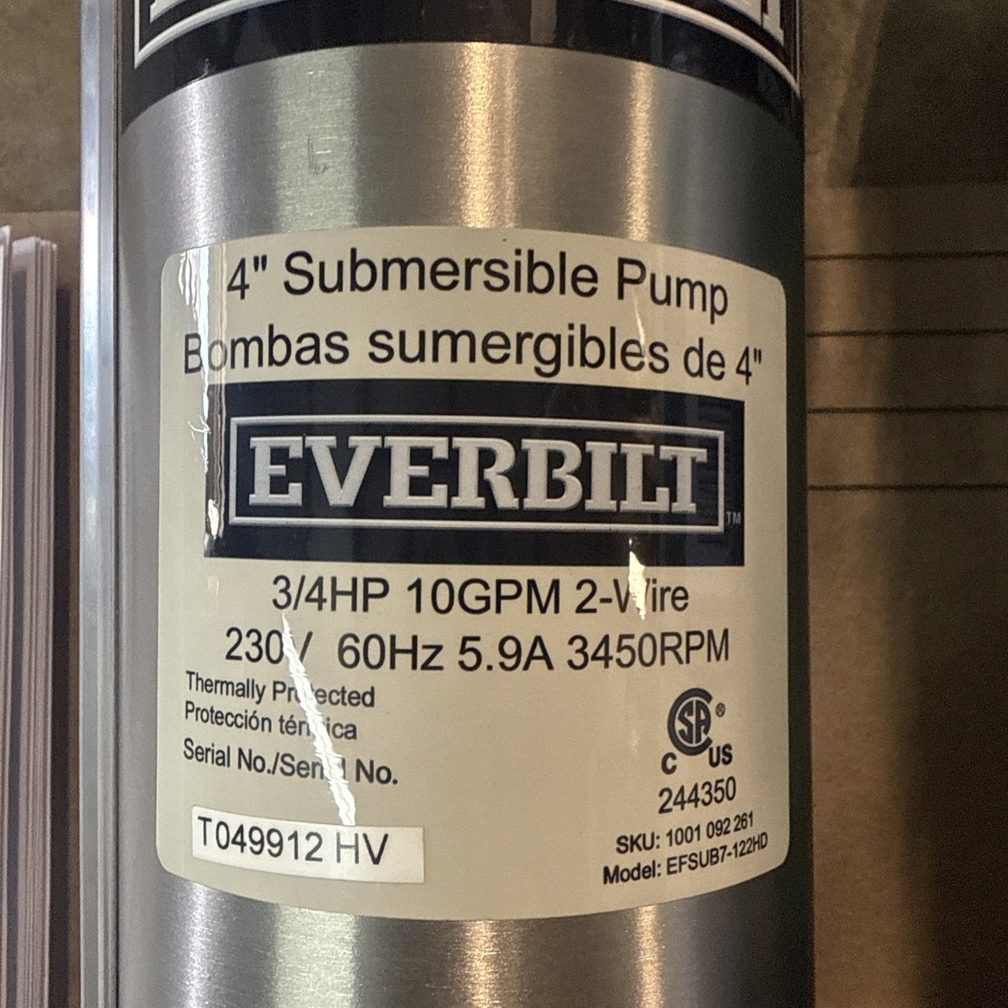 Everbilt Submersible 2-Wire Motor Deep Well Potable Water Pump 3/4HP 10gpm