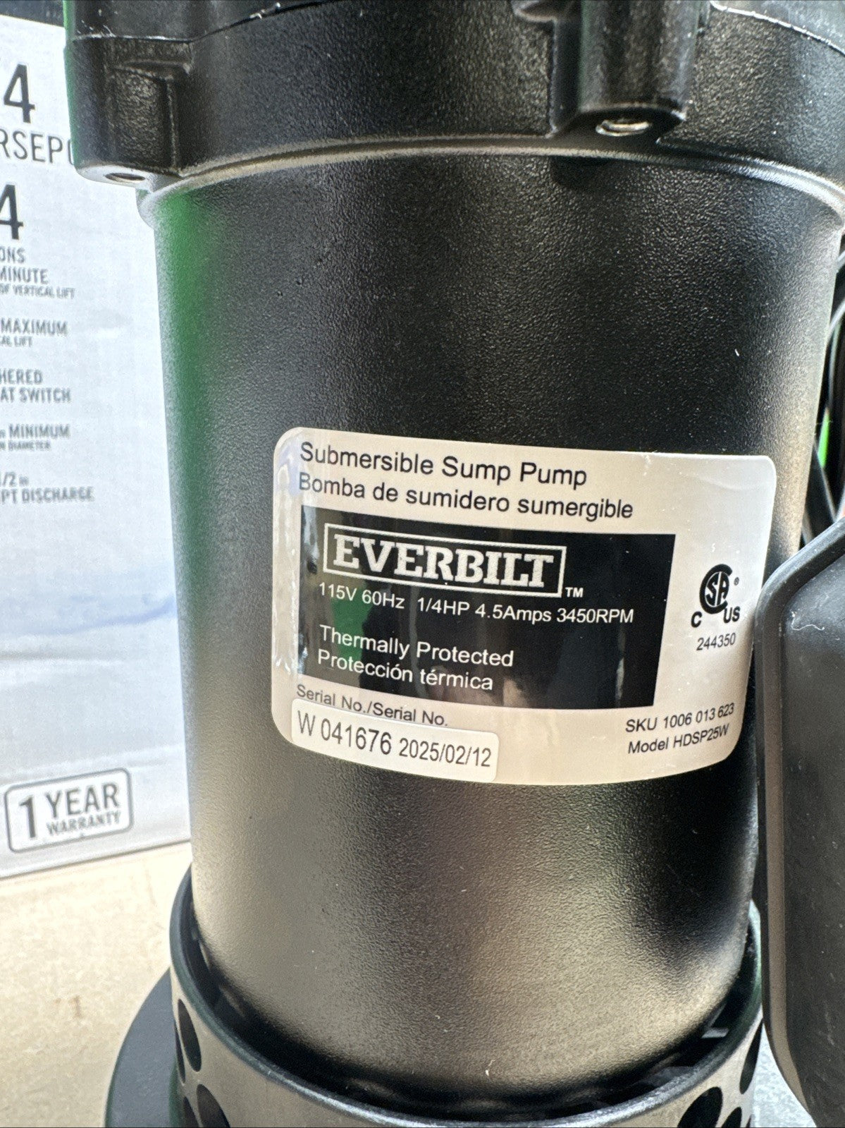 Everbilt 1/4 HP Aluminum Sump Pump w/ Tether Float Switch HDSP25W NEW OPEN BOX—-