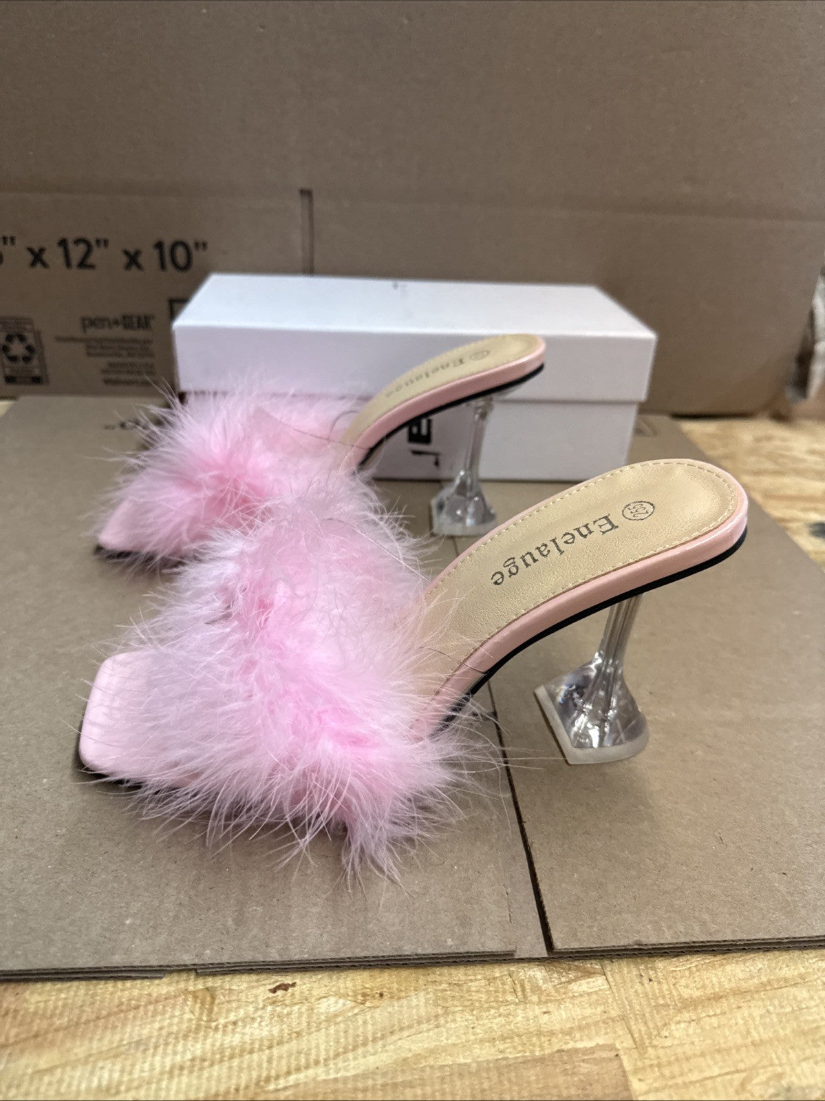 ENELAUGE women’s 8.5 square toe sandal fluffy feather high heels mules slip on