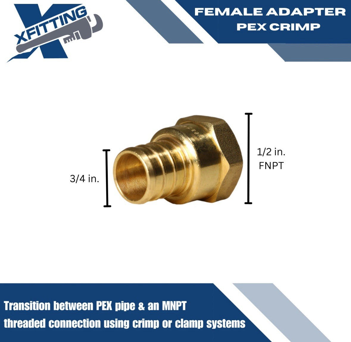 50 Pack 3/4" Pex B X 1/2" Female NPT Threaded Adapter Brass Crimp Fittings