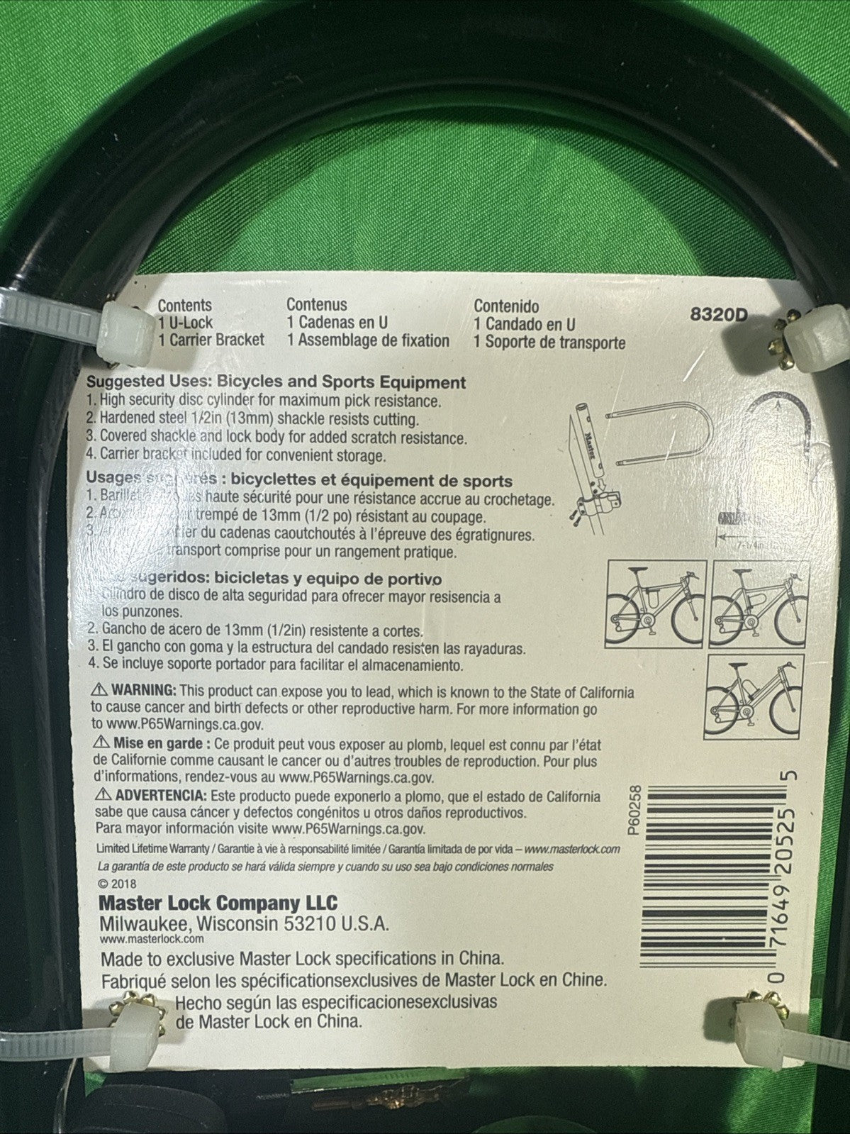 Master Lock Bicycle Security Hardened Steel U-Lock + Carrier Bracket Black New