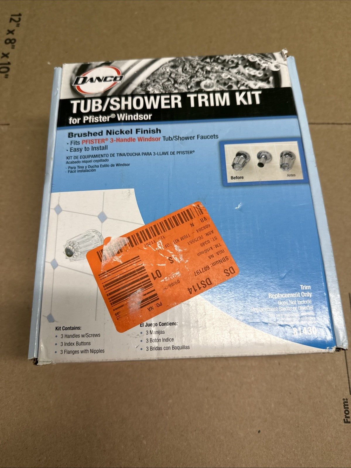 Danco 81430 Pfister Windsor Tub / Shower Trim Kit, Brushed Nickel NEW OPEN BOX