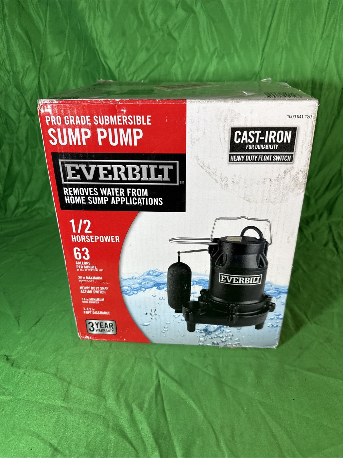 Everbilt 1/2 HP Cast Iron Sump Pump Model # HDS50 OPEN BOX.
