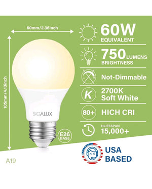 (10-pack) Sigalux A19 LED Light Bulbs 60, Soft White, Non Dimmable