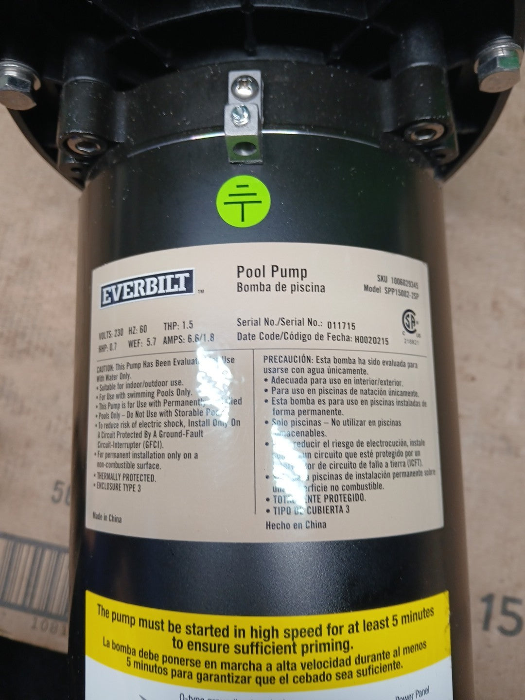 Everbilt Pool Pump Fan-Cooled Motor 1.5 HP 230V Has Unions....