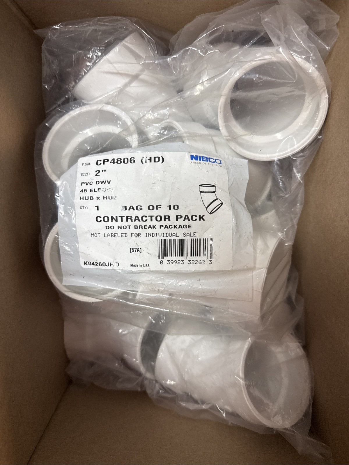 (10-Pk) 2” Nibco 45° Elbow Pipe Fitting PVC White Schedule 40    2in CP4806
