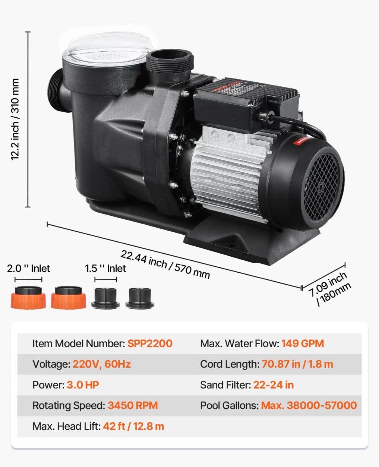 3 HP Above Ground Swimming Pool Pump Single Speed 149 GPM 3450 RPM 220V