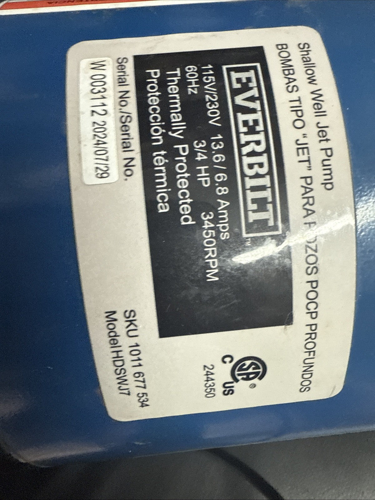 Everbilt 3/4 HP Cast Iron Shallow Well Jet Pump HDSWJ7 as is, *For Parts