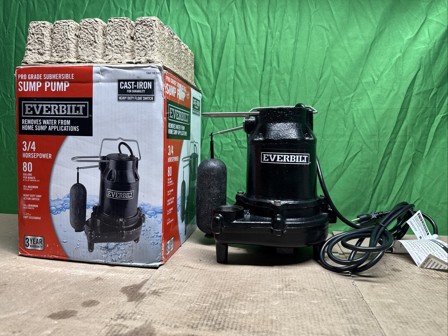 Everbilt 3/4HP Cast-Iron Pro-Grade Submersible Sump Pump 1004 120 345 HDS75