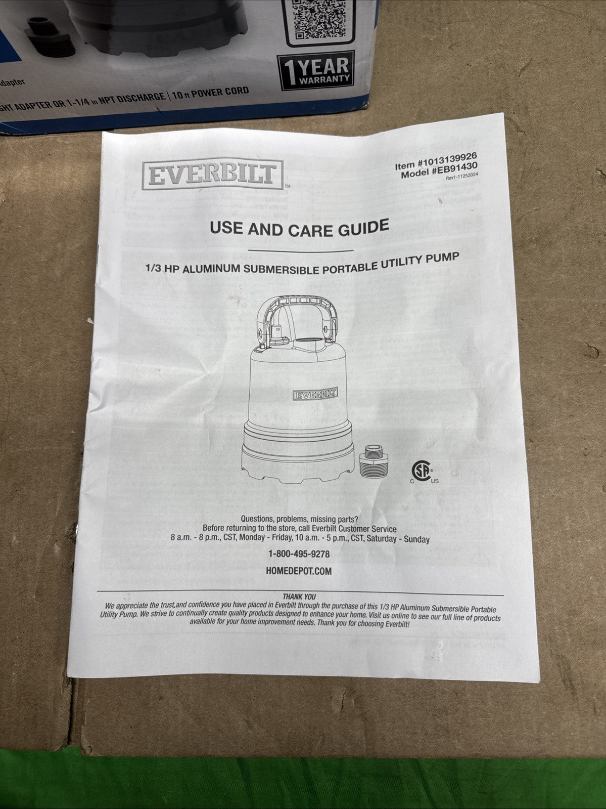 Everbilt 1/3 HP Submersible Aluminum Utility Pump