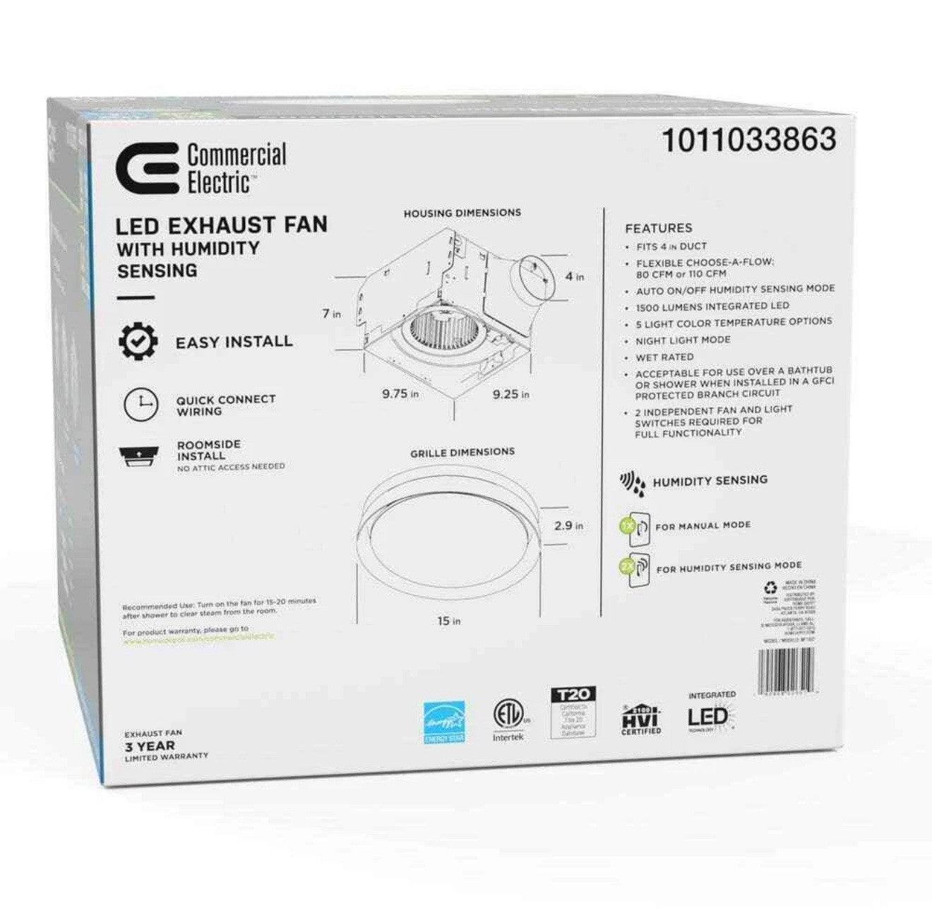 80/110 CFM Ceiling Mount Room Side Installation Round Bathroom Exhaust Fan w/LED