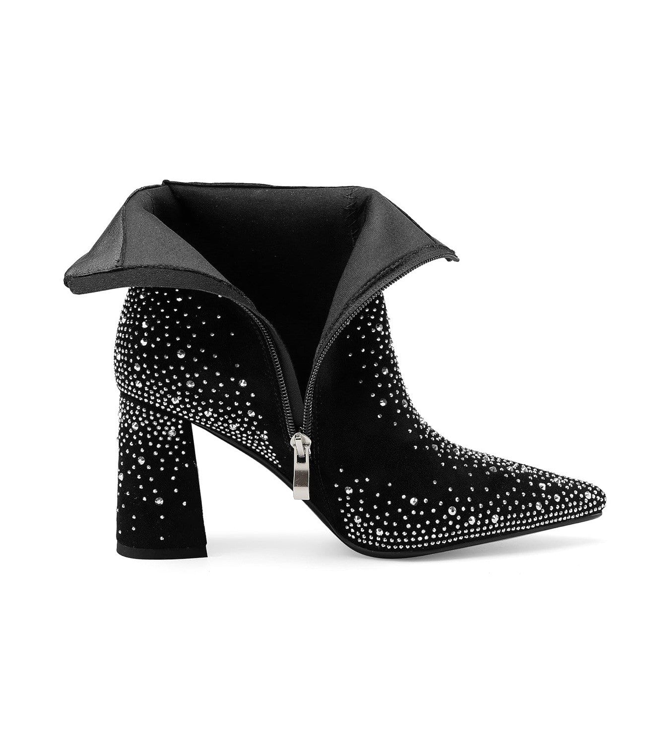Women’s sparkly rhinestone block heel ankle bootie black suede sidezipper Size 8