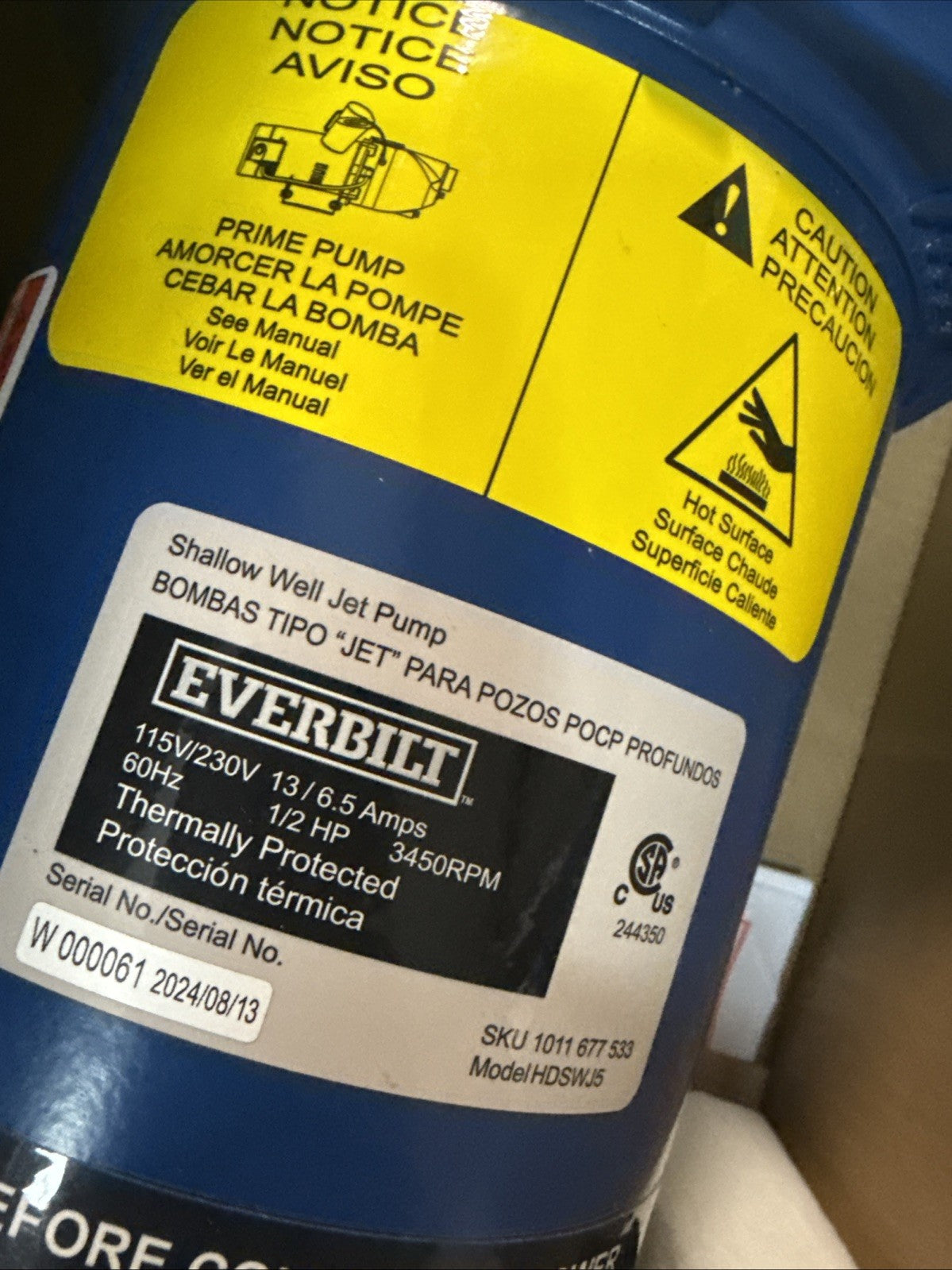 Everbilt Shallow Well Jet Pump Cast Iron 1/2HP HDSWJ5, Used Or For Parts Only