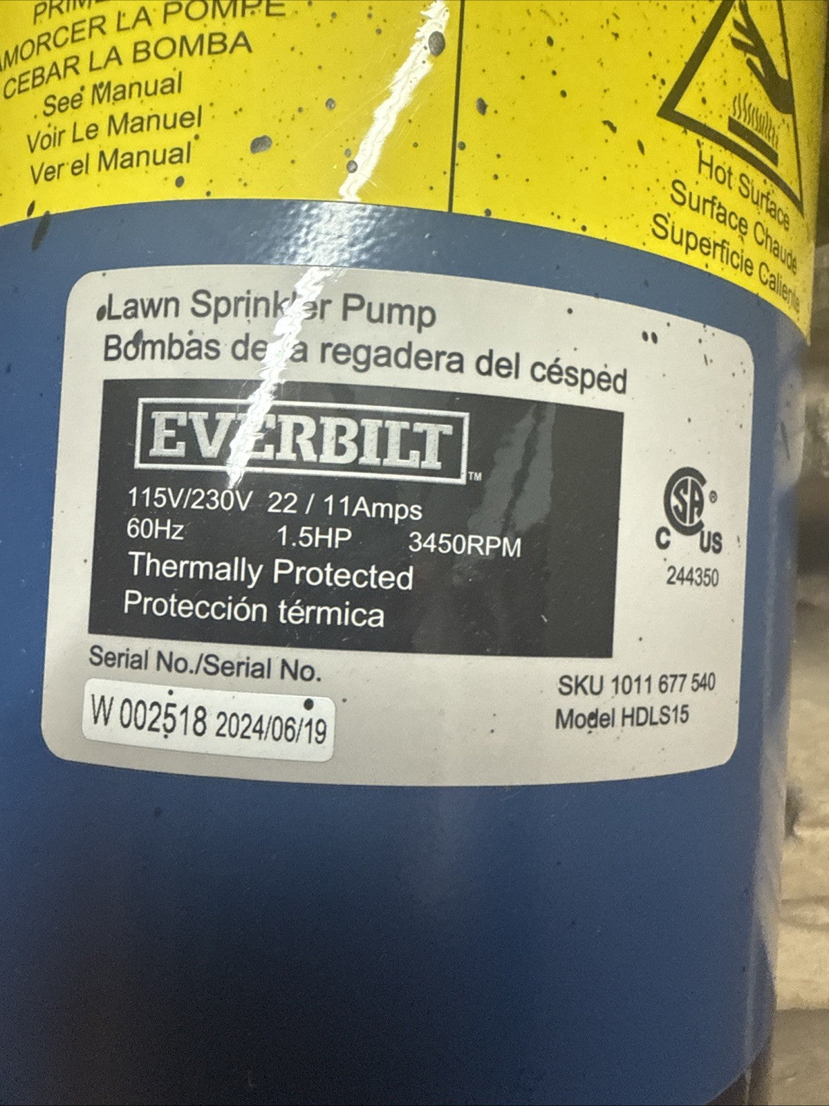 Everbilt 1-1/2 HP Cast Iron Lawn Irrigation Pump HDLS15 Used Or For Parts*