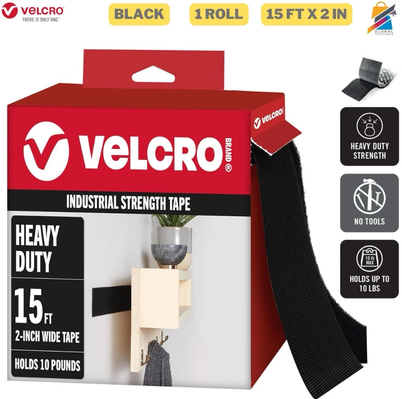 VELCRO Heavy Duty Tape 15Ft x 2In | Industrial Strength | Strong Adhesive, Black