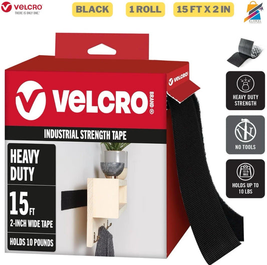 VELCRO Heavy Duty Tape 15Ft x 2In | Industrial Strength | Strong Adhesive, Black