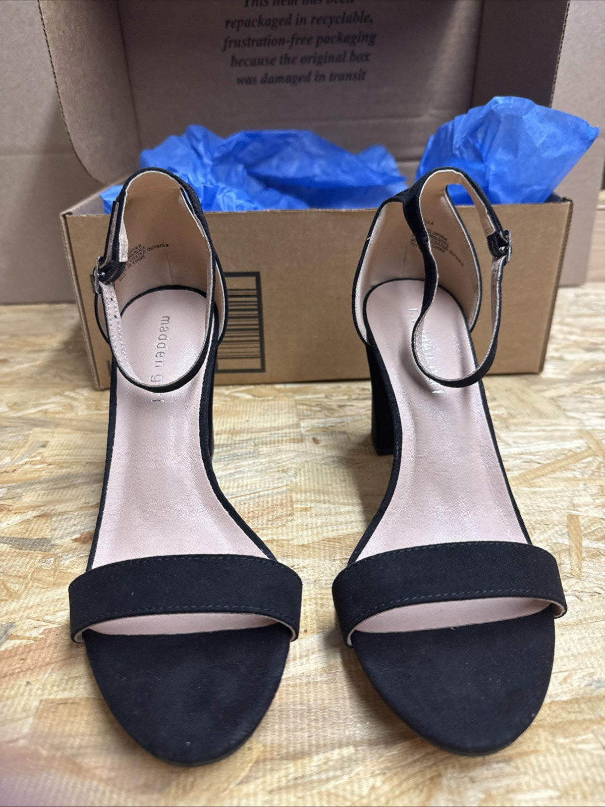 Madden Girl Women's Beella Heeled Sandal, Black Fabric, size 8.5 M