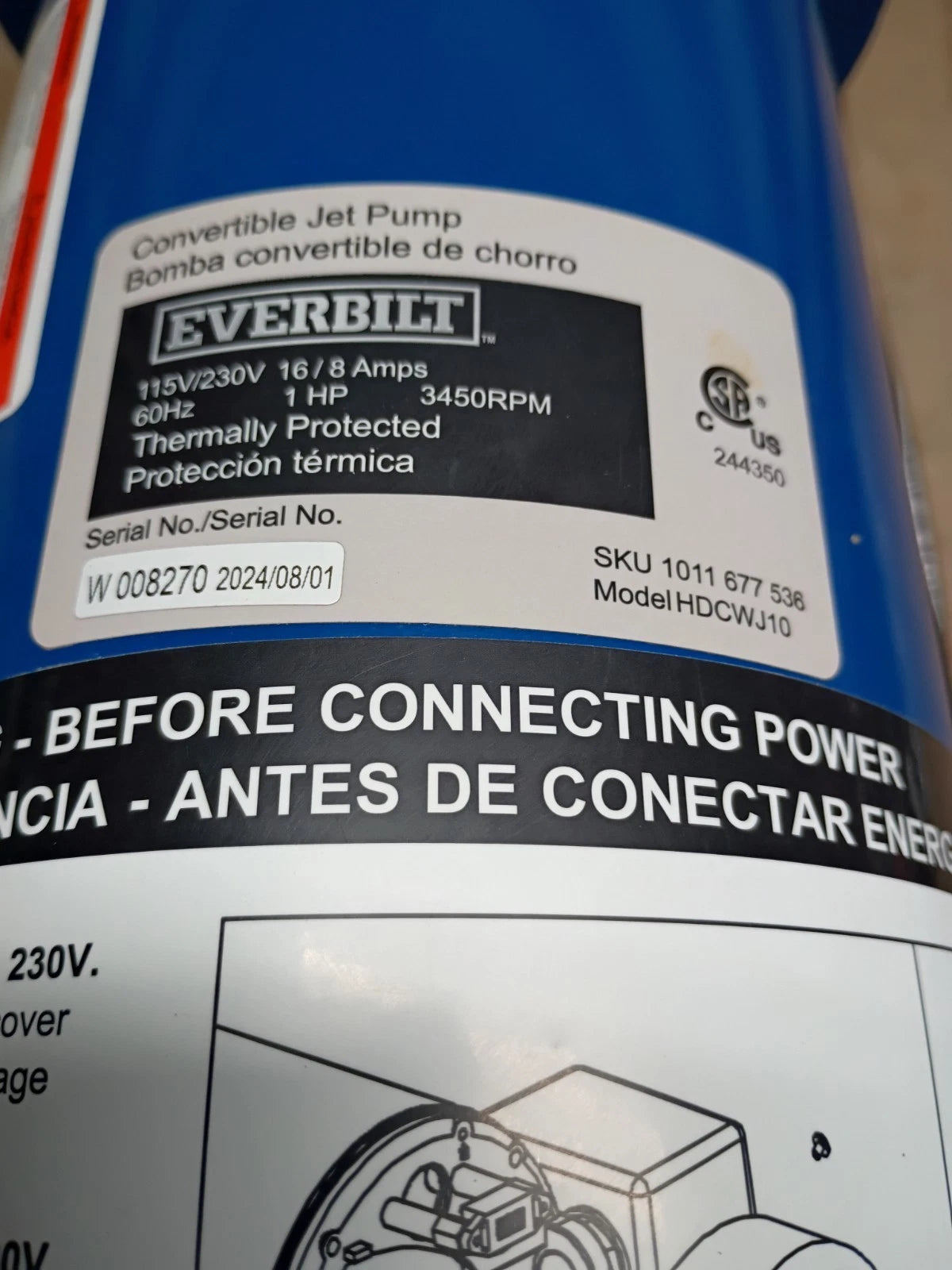 Everbilt HDCWJ10, 1 HP Professional Convertible Jet Pump 24 GPM, OB, Parts Only,