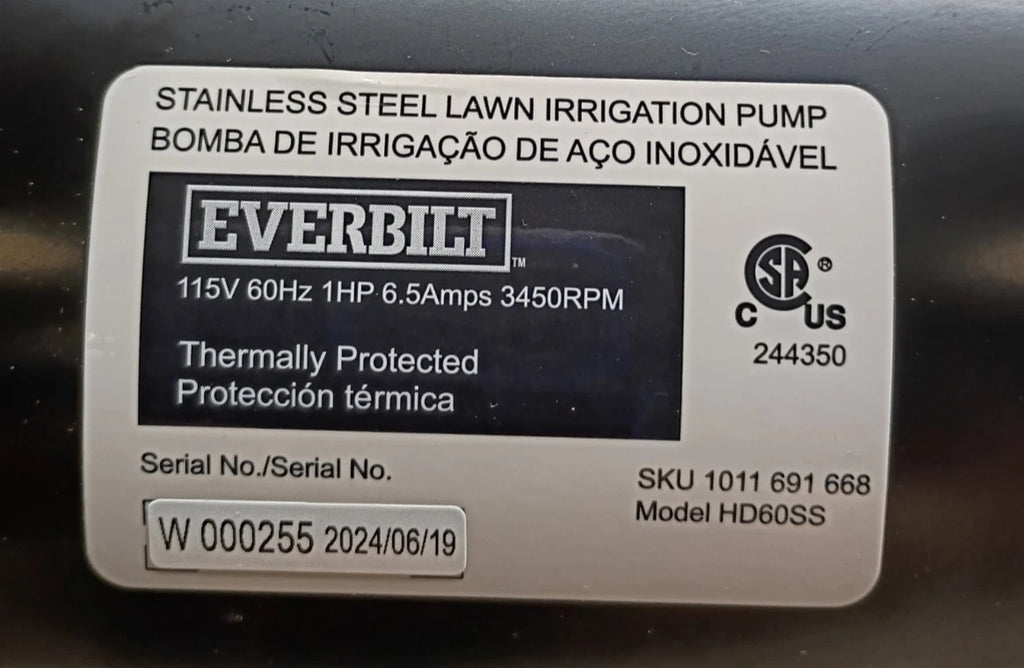 EVERBILT HD60SS 1 HP Stainless Steel Portable Lawn Irrigation Pump Open Box