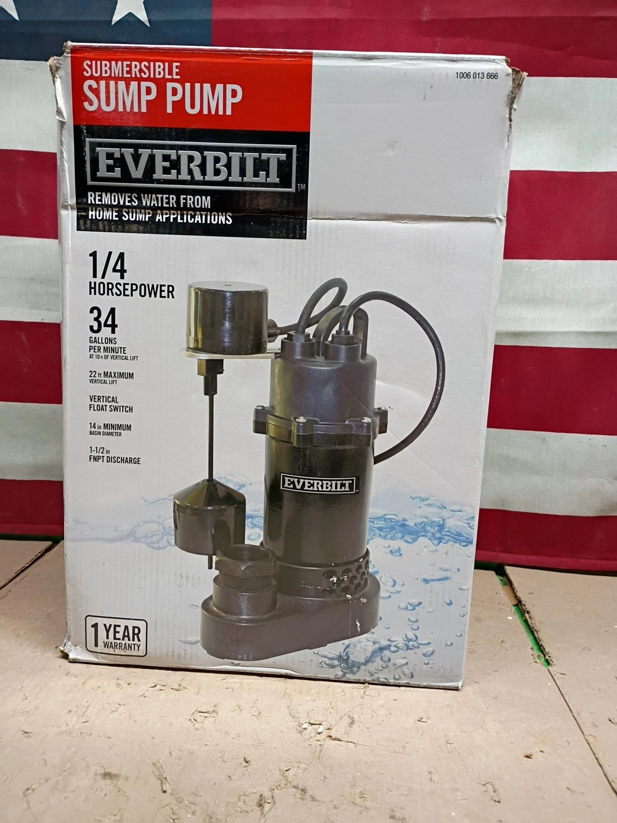 Everbilt HDSP25V 1/4 HP Aluminum Submersible Sump Pump Vertical Switch, OPEN BOX