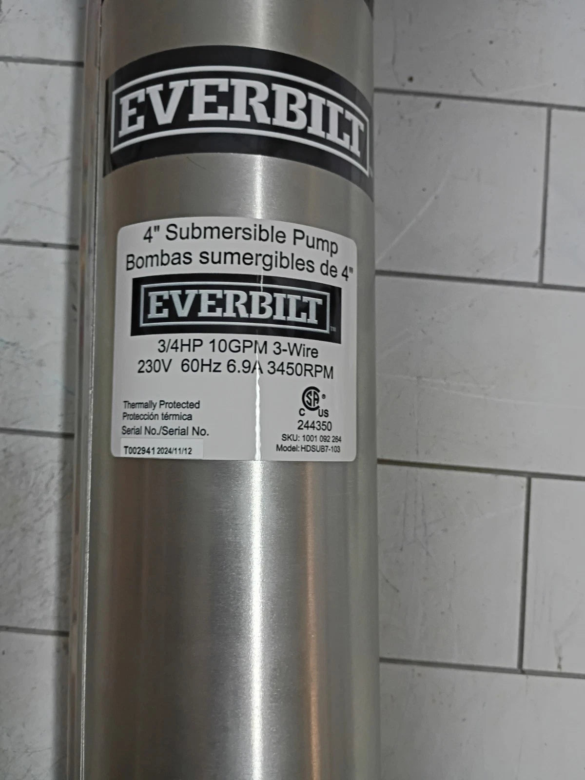 EVERBILT 3/4 HP 4" 10GPM 3 WIRE SUBMERSIBLE DEEP WELL PUMP HDSUB7-103 Open Box