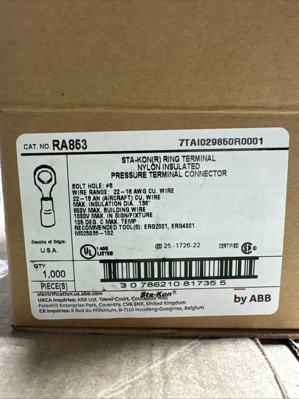 1,000 T&B Insulated Copper Stakon Ring Terminals #22 - 16 AWG Wire