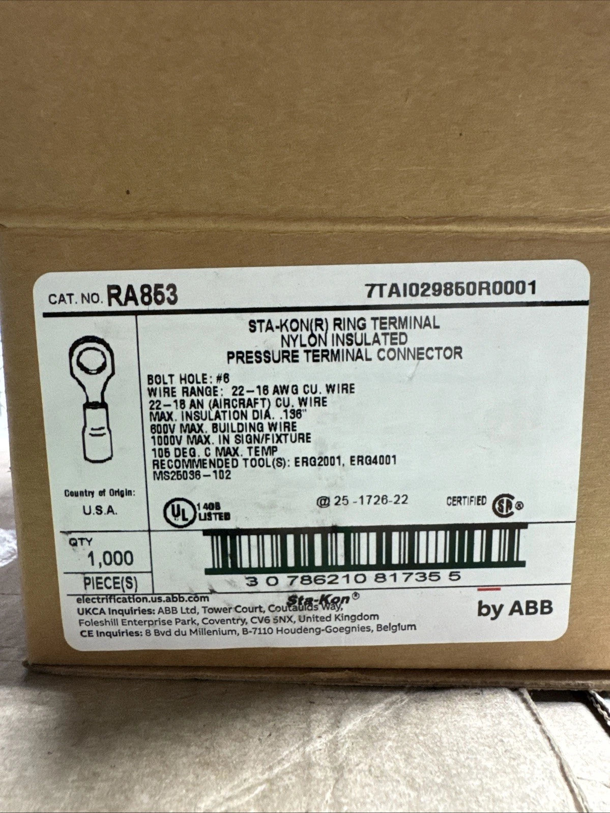 1,000 T&B Insulated Copper Stakon Ring Terminals #22 - 16 AWG Wire