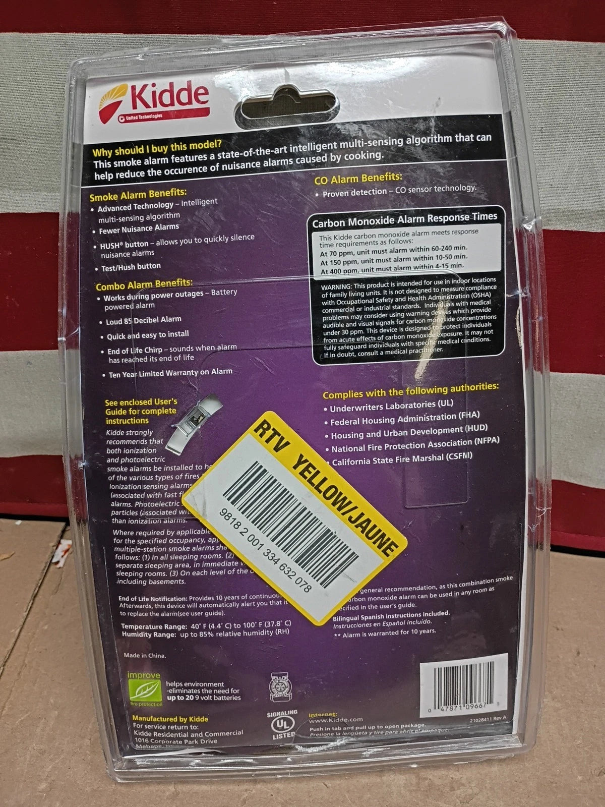 Kidde Worry Free Kitchen Smoke Carbon Monoxide Detector ALWAYS ON ,OB