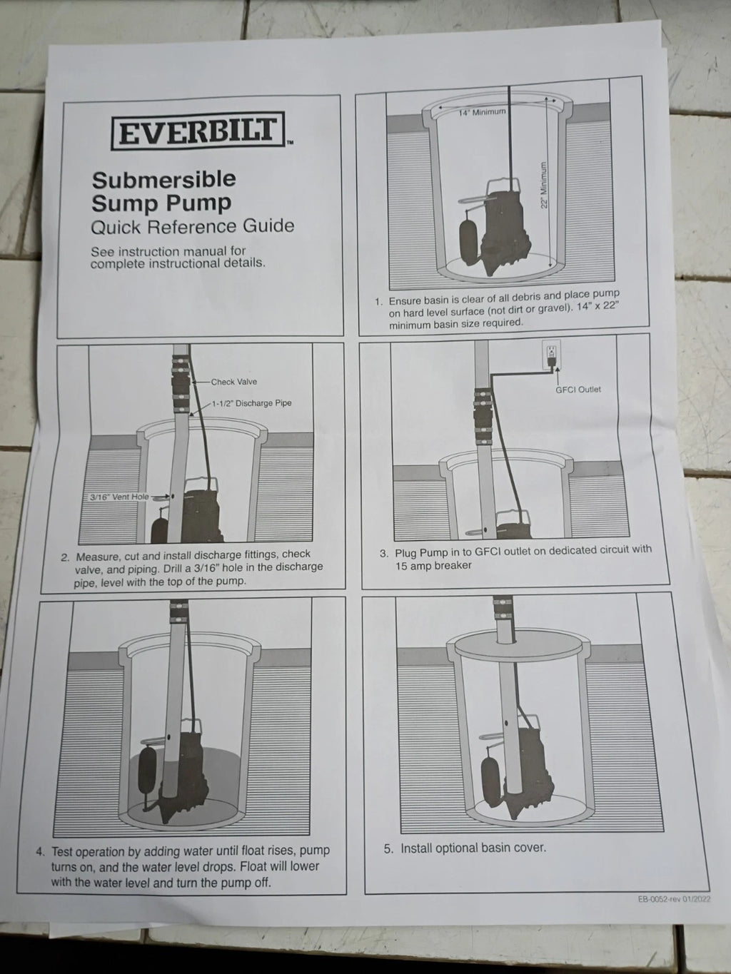 Everbilt HDS50 1/2 HP Cast Iron Sump Pump Model OPEN BOX.