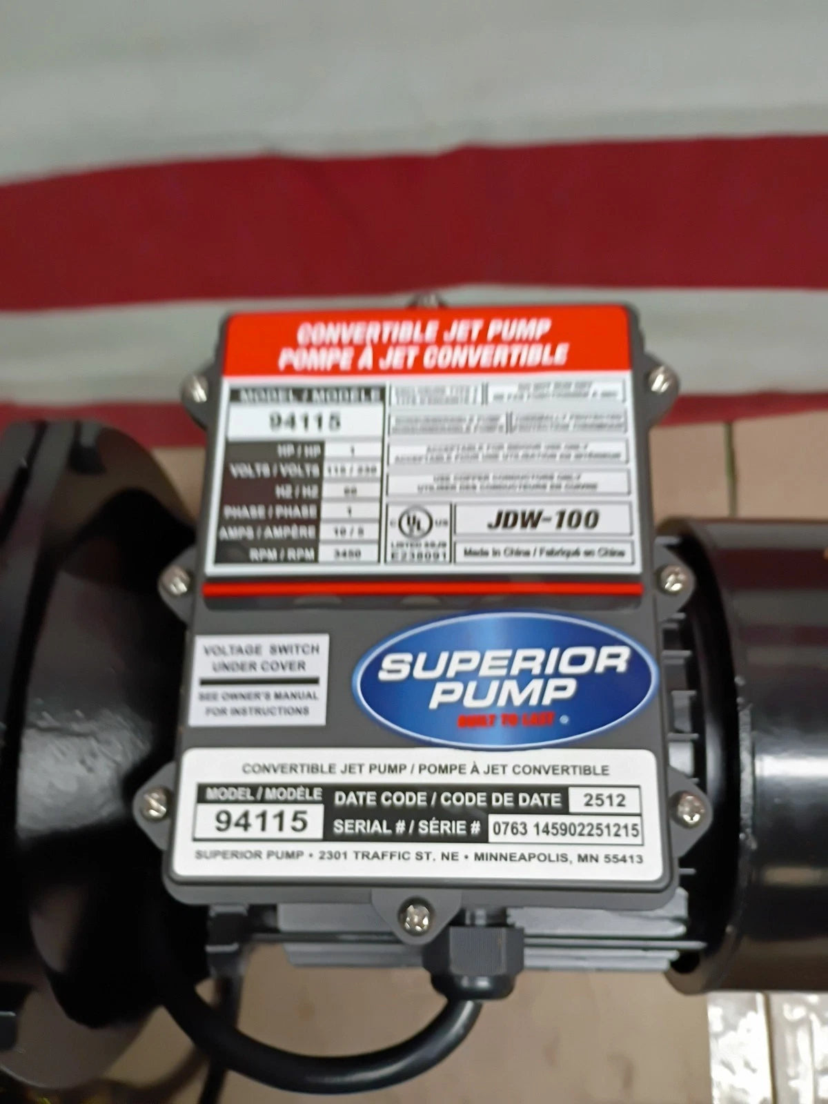 Superior Pump 94115 1HP Plastic Cast Iron Convertible Jet Pump Injector Kit USED