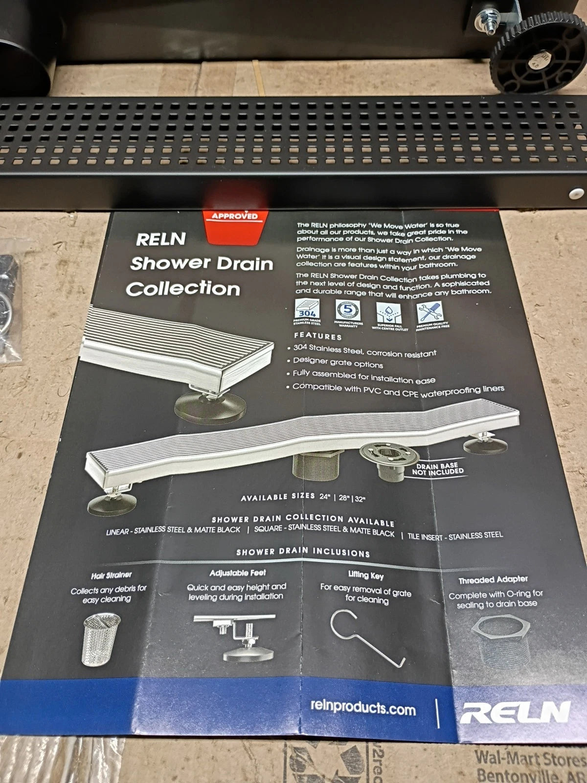 RELN FD2803SQBK 28" Matte Black Linear Shower & Drain, Square Pattern Cover, OB,