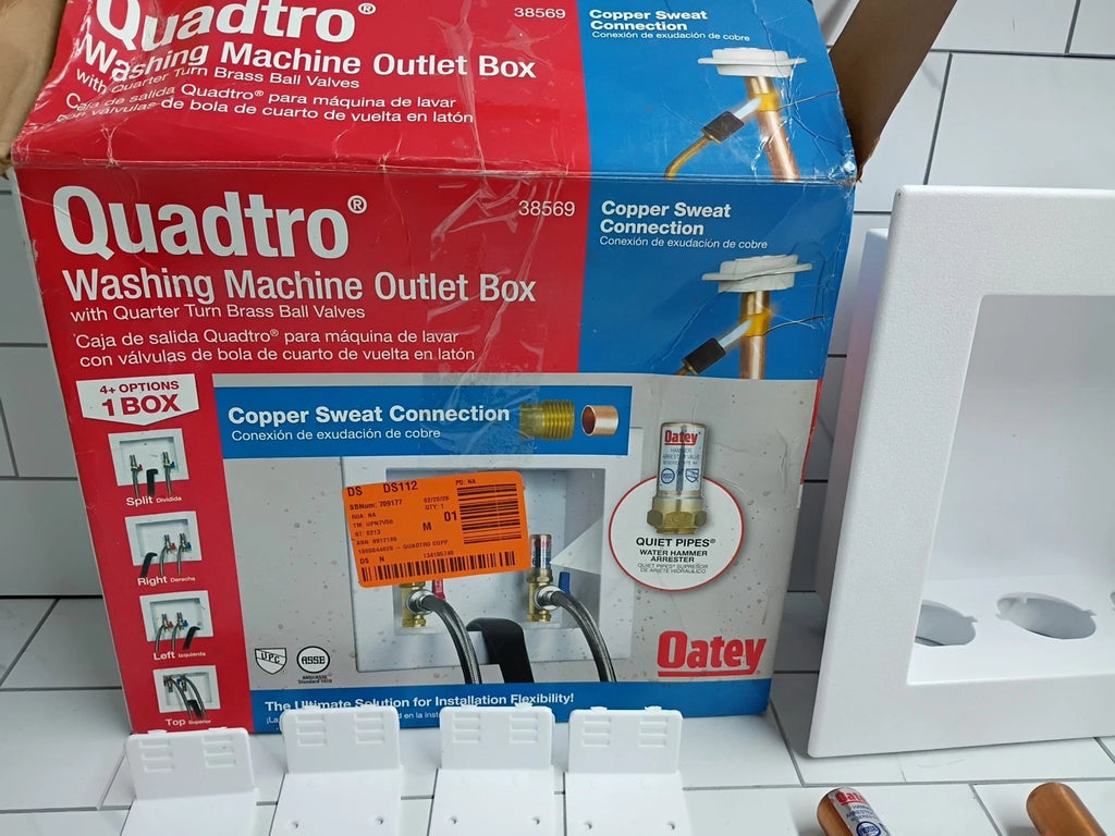 OATEY Quadtro 38569 - 1/2" PEX Washing Machine Outlet Box 1/4 Turn Valves NOB