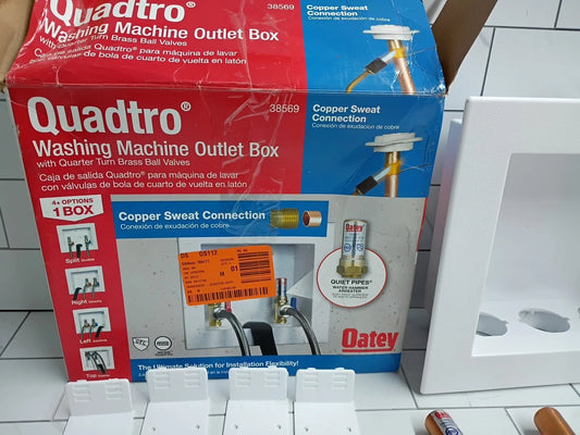 OATEY Quadtro 38569 - 1/2" PEX Washing Machine Outlet Box 1/4 Turn Valves NOB