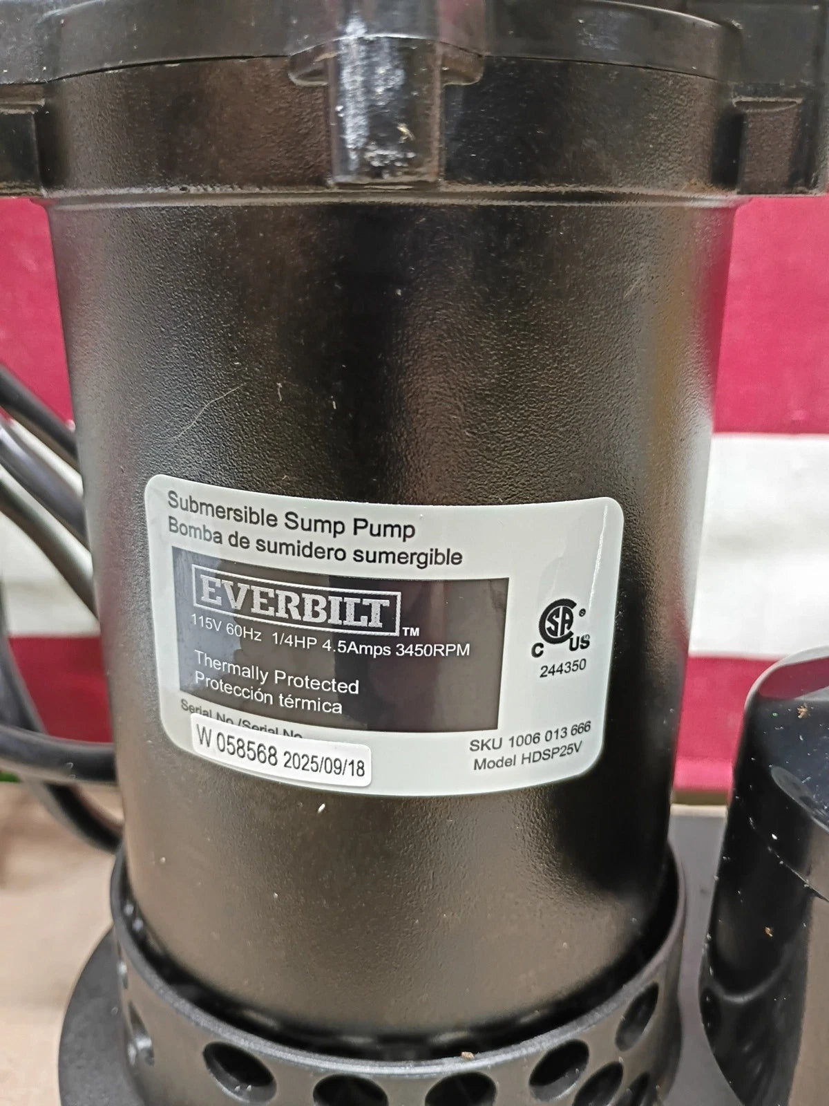 Everbilt HDSP25V 1/4 HP Aluminum Submersible Sump Pump Vertical Switch, OPEN BOX