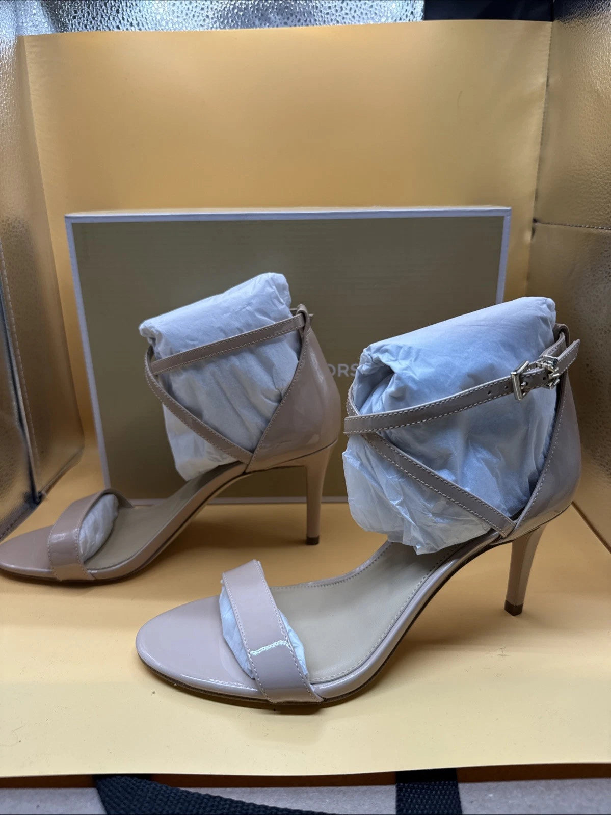 Michael Kors Size 7M Ava Patent Leather Crisscross Ankle Strap Stiletto Sandals
