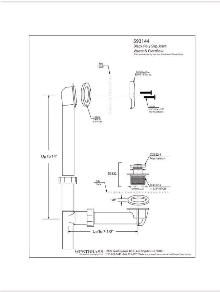Westbrass 593144-62 Matte Black 1-1/2" Slip Joint Tip Toe Drain 2 Hole Overflow