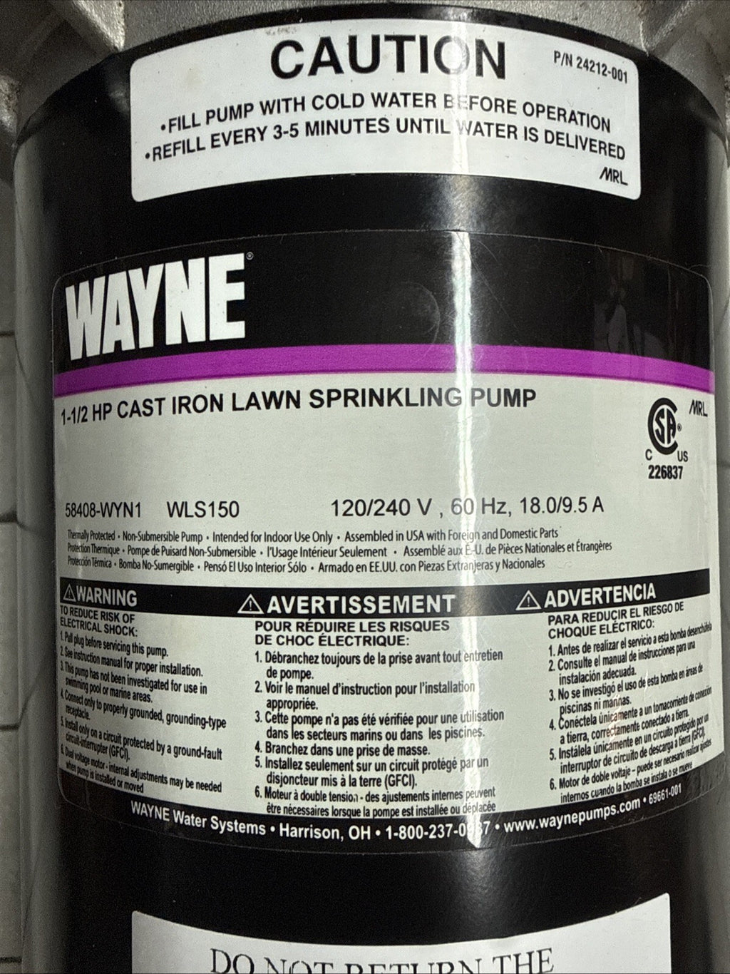 Wayne 1-1/2 HP Cast Iron Quick-Prime Lawn-Sprinkler Pump- Parts Only READ DESCRI
