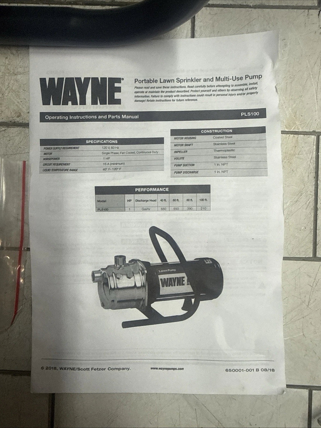 WAYNE PLS100 1 HP Portable Stainless Steel Lawn Irrigation Sprinkler Pump NOB
